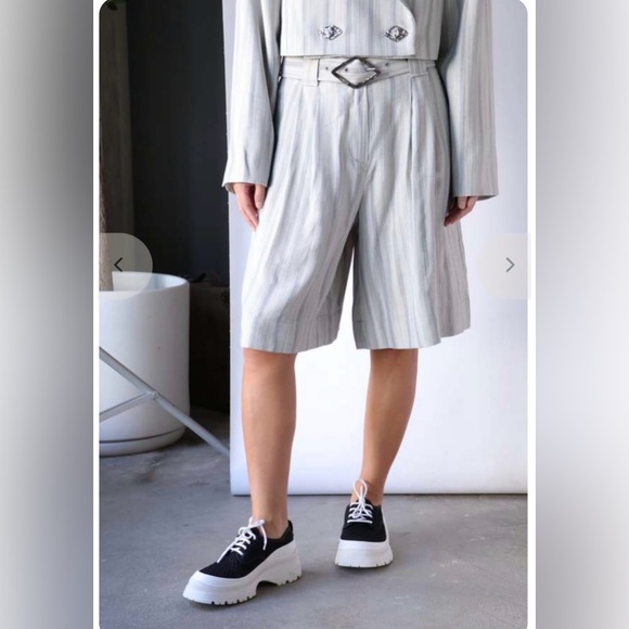 Ganni Pants - Ganni Drapey Wide Belted Shorts - Phantom Stripe